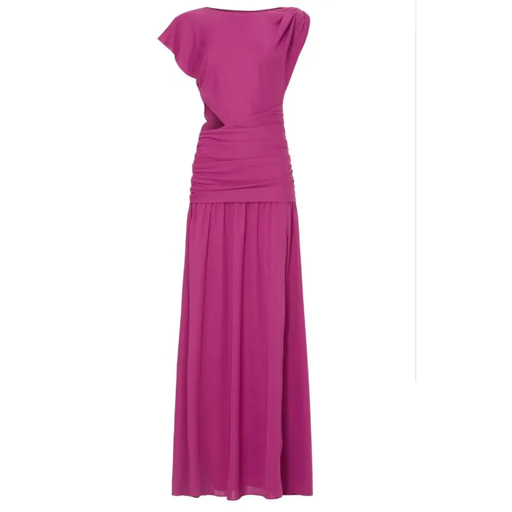 Tanya Taylor Magenta Ruched Gown SIZE 4 Cut Out Asymmetric Slit Designer $600 - Picture 3 of 12
